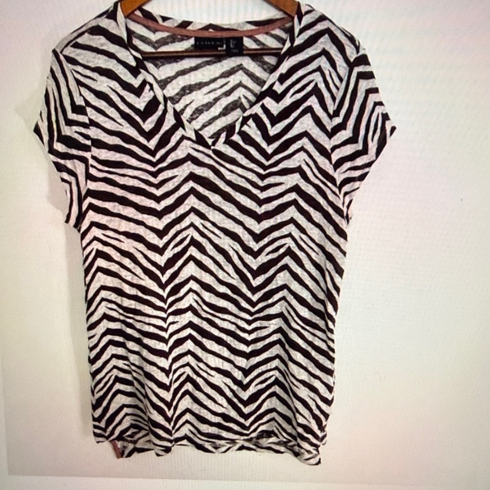 Tahari Women Brown Zebra Print 100% Linen Short Sleeve Pullover Top Size L